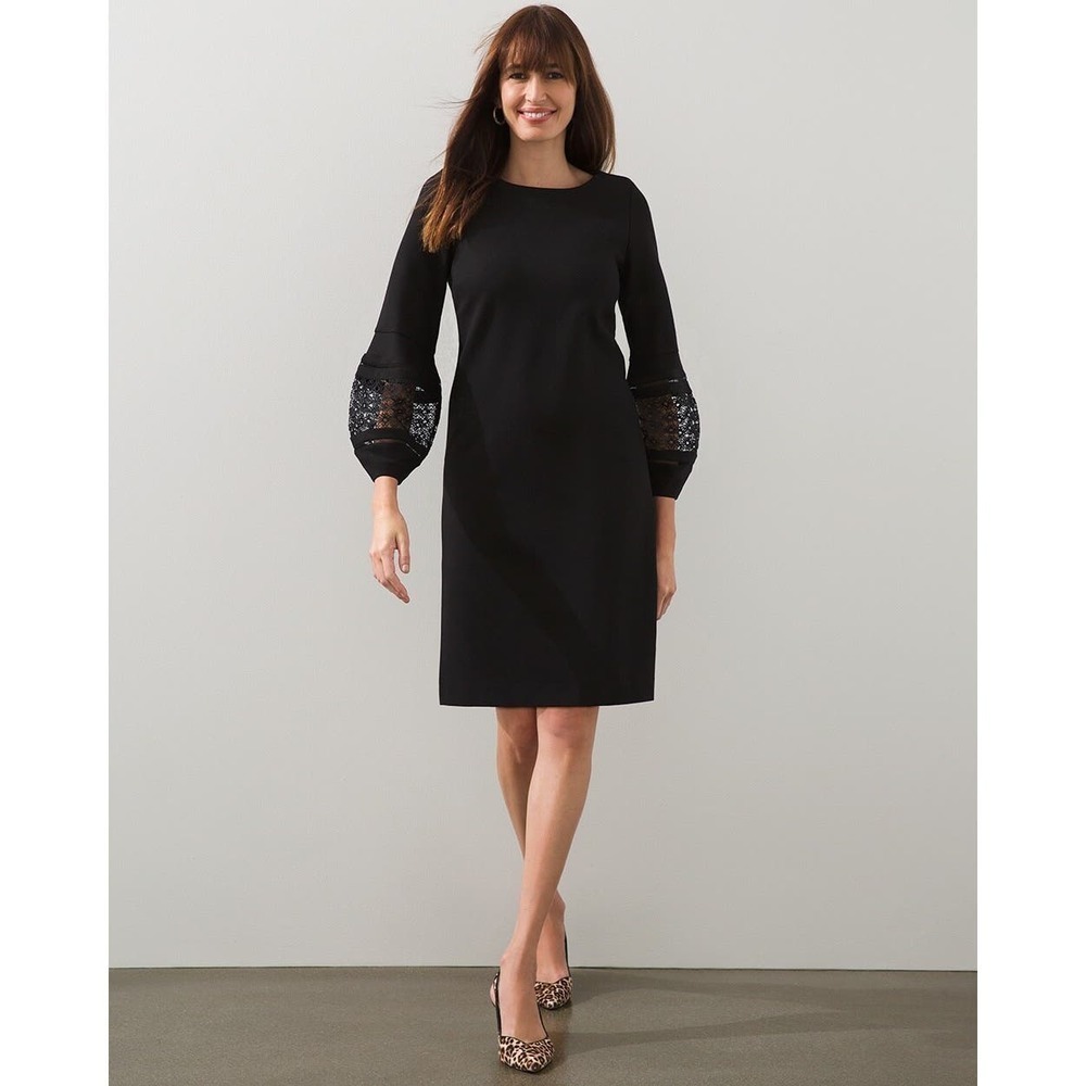 Chicos Eyelet Balloon Sleeve Ponte Dress black dress size 0 us sz 4